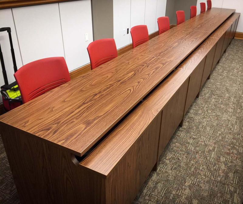 split top desks with classic walnut finish.  